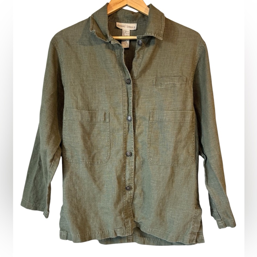 Sweet Jessie Linen Jacket Green Button Up With Pockets Collared | Women’s M